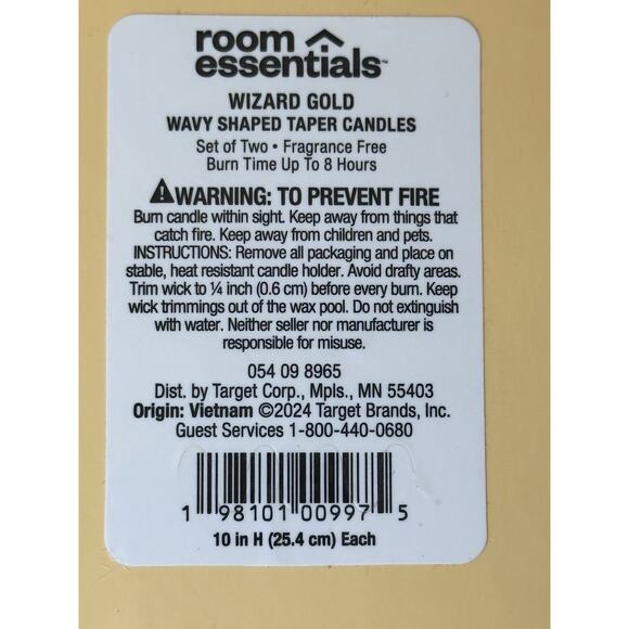 10” Set of 2 Wizard Gold Wavy Shaped Taper Room Essentials Candle New - Picture 5 of 6